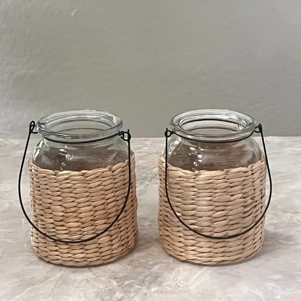 Wicker Glass Jar With Black Metal Handle Multi-Purpose Candle Plant Boho